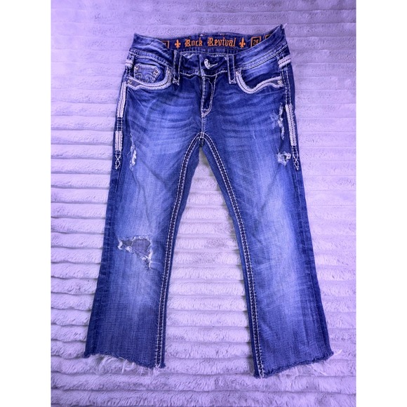 Rock Revival Jeans Women's 28 Natalie Embellished Distressed Capri Cut‎ Off Raw - Picture 2 of 11